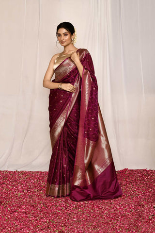 Magenta Purple Semi Katan Mushru Satin Banarasi Handloom Silk Saree