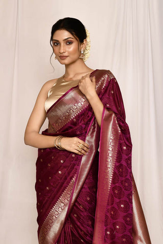 Magenta Purple Semi Katan Mushru Satin Banarasi Handloom Silk Saree