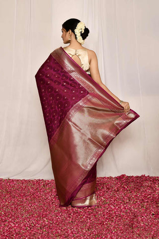 Magenta Purple Semi Katan Mushru Satin Banarasi Handloom Silk Saree