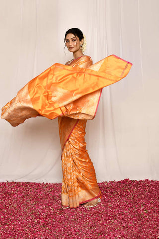 Mustard - Orange Pure Katan Silk Banarasi Handloom Silk Saree