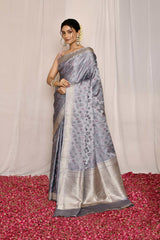 Soft Muted Grey' Pure Katan Mushru Silk Banarasi Handloom Silk Saree