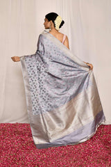 Soft Muted Grey' Pure Katan Mushru Silk Banarasi Handloom Silk Saree