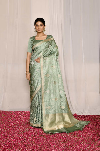 Sage Green Pure Katan Mushru Silk Banarasi Tanchoi Handloom Silk Saree