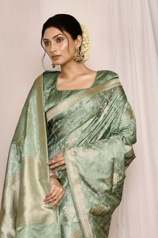 Sage Green Pure Katan Mushru Silk Banarasi Tanchoi Handloom Silk Saree