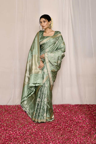 Sage Green Pure Katan Mushru Silk Banarasi Tanchoi Handloom Silk Saree