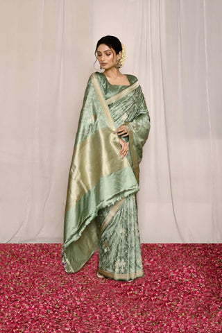 Sage Green Pure Katan Mushru Silk Banarasi Tanchoi Handloom Silk Saree