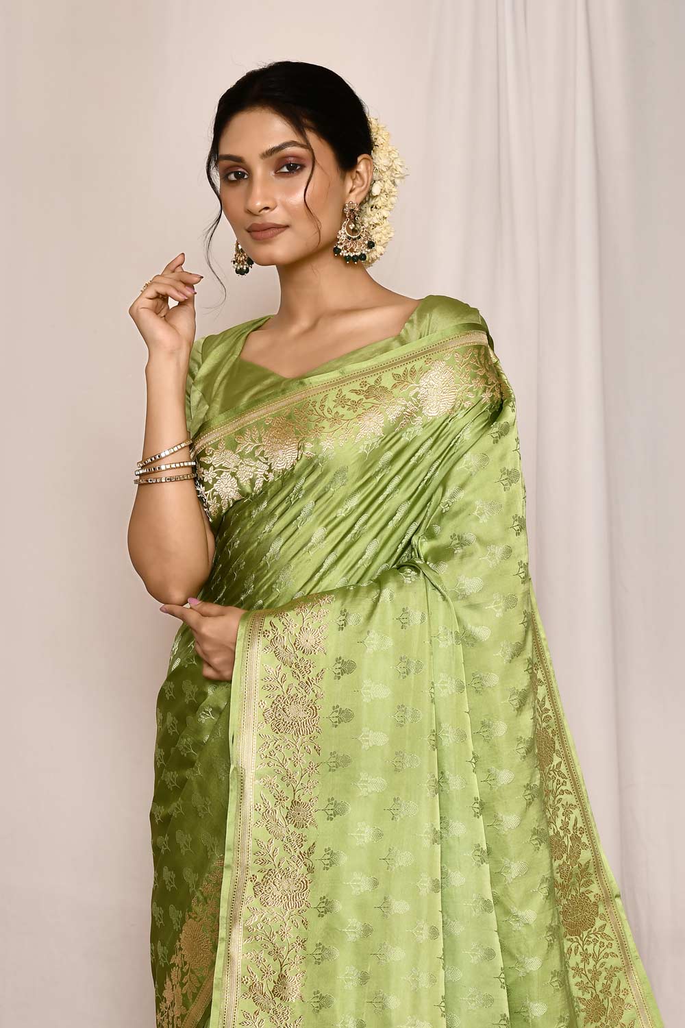 Pista Green Pure Katan Mushru Silk Banarasi Tanchoi Handloom Silk Saree