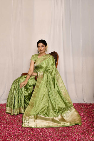 Pista Green Pure Katan Mushru Silk Banarasi Tanchoi Handloom Silk Saree