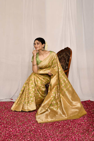 Green- Mustard Pure Kora Silk Banarasi Handloom Silk Saree