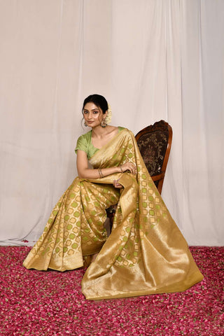 Green- Mustard Pure Kora Silk Banarasi Handloom Silk Saree