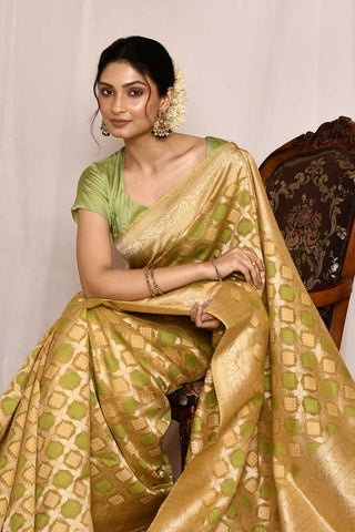 Green- Mustard Pure Kora Silk Banarasi Handloom Silk Saree