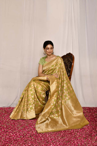 Green- Mustard Pure Kora Silk Banarasi Handloom Silk Saree