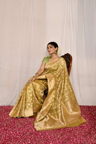 Green- Mustard Pure Kora Silk Banarasi Handloom Silk Saree