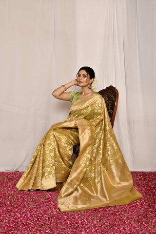 Green- Mustard Pure Kora Silk Banarasi Handloom Silk Saree