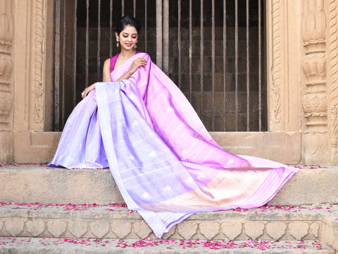 Lilac - Lavender Ombre Pure Katan Silk Banarasi Handloom Sarees