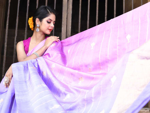 Lilac - Lavender Ombre Pure Katan Silk Banarasi Handloom Sarees