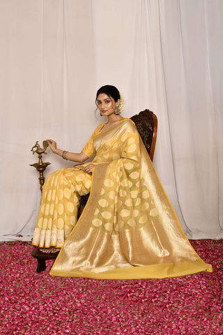 Soft Yellow Pure Kora Silk Banarasi Handloom Silk Saree