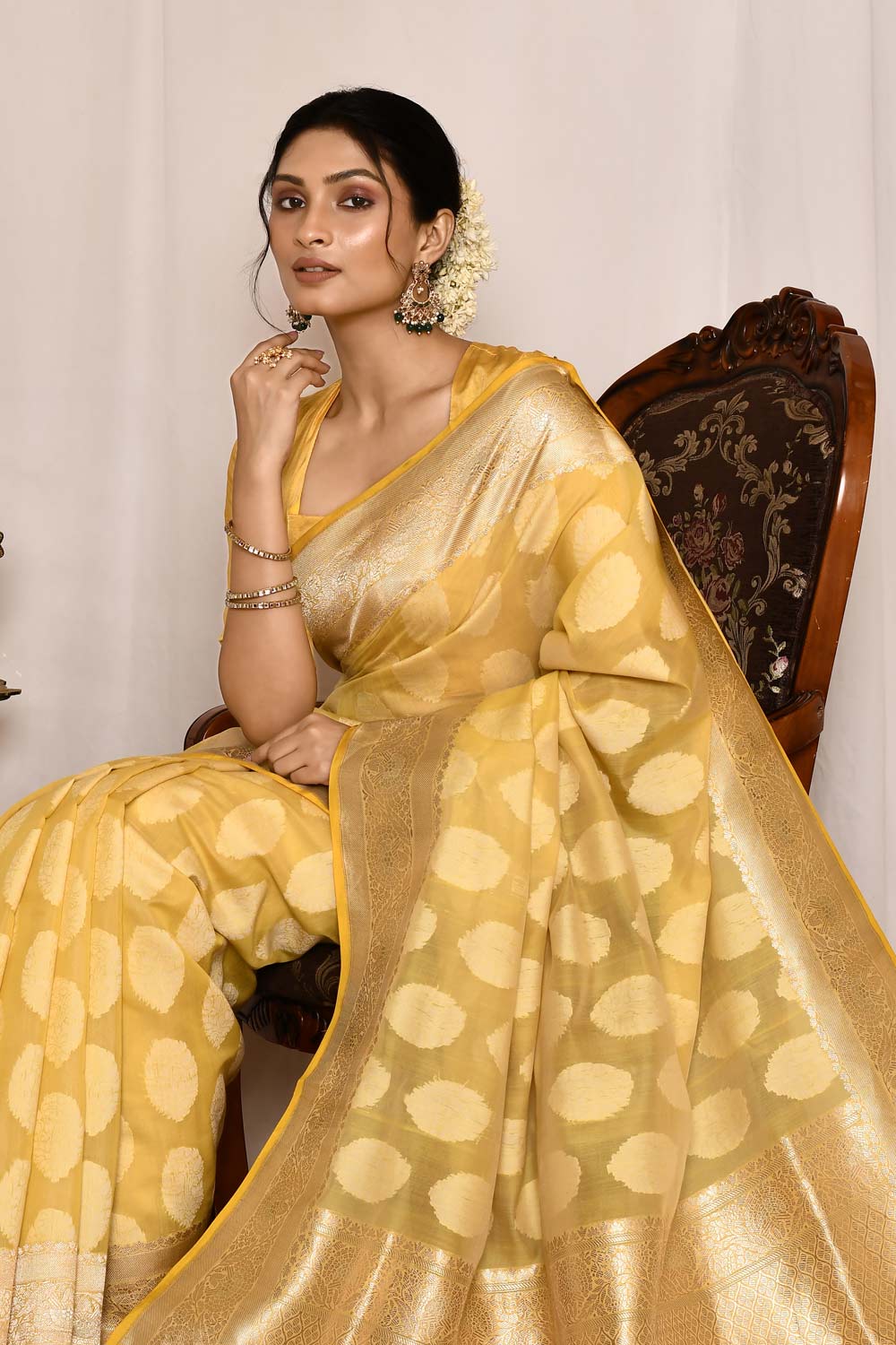 Soft Yellow Pure Kora Silk Banarasi Handloom Silk Saree