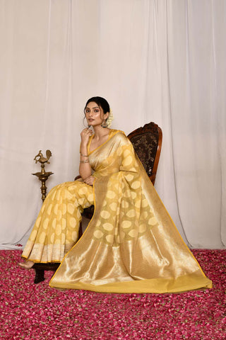 Soft Yellow Pure Kora Silk Banarasi Handloom Silk Saree