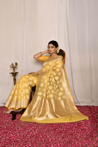 Soft Yellow Pure Kora Silk Banarasi Handloom Silk Saree