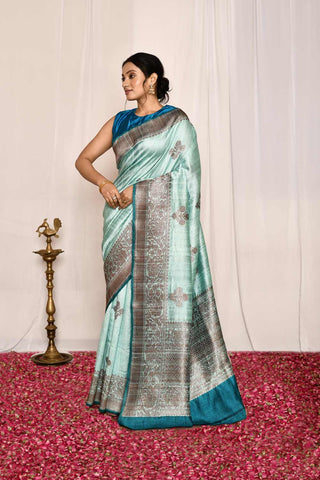 Sky Blue Pure Tussar Silk Banarasi Handloom Silk Saree