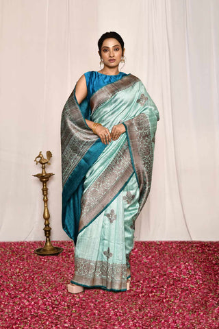 Sky Blue Pure Tussar Silk Banarasi Handloom Silk Saree