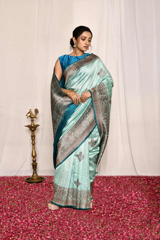 Sky Blue Pure Tussar Silk Banarasi Handloom Silk Saree