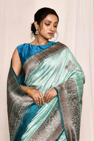 Sky Blue Pure Tussar Silk Banarasi Handloom Silk Saree