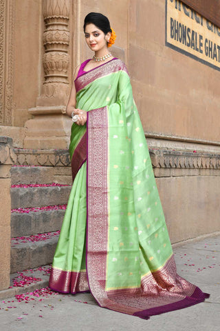 Green- Purple Pure Katan Silk Banarasi Handloom Saree