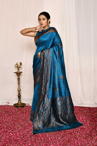 Blue-Pure Tussar Silk Banarasi Handloom Silk Saree