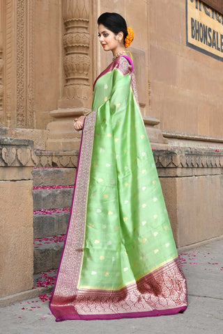 Green- Purple Pure Katan Silk Handloom Saree