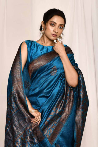 Blue-Pure Tussar Silk Banarasi Handloom Silk Saree