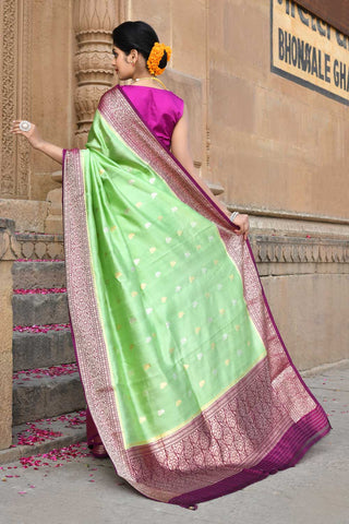 Green- Purple Pure Katan Silk Banarasi Handloom Saree With Blouse