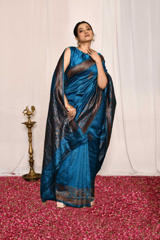 Blue-Pure Tussar Silk Banarasi Handloom Silk Saree