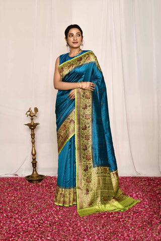 Blue- Green Pure Tussar Silk Banarasi Handloom Silk Saree