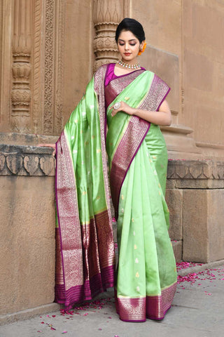 Green- Purple Pure Katan Banarasi Handloom Saree