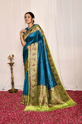 Blue- Green Pure Tussar Silk Banarasi Handloom Silk Saree