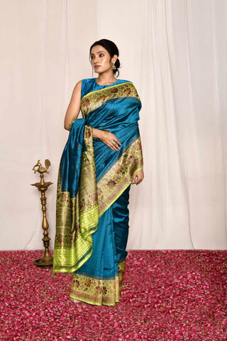 Blue- Green Pure Tussar Silk Banarasi Handloom Silk Saree