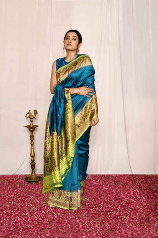 Blue- Green Pure Tussar Silk Banarasi Handloom Silk Saree