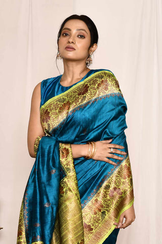 Blue- Green Pure Tussar Silk Banarasi Handloom Silk Saree