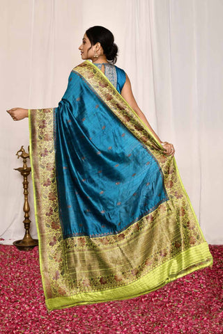 Blue- Green Pure Tussar Silk Banarasi Handloom Silk Saree