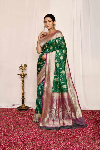 Green  Pure Katan Silk Banarasi Handloom Silk Saree