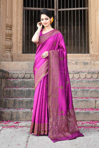 Magenta Purple Pure Tussar Georgette Silk Kadhua Banarasi Handloom Saree