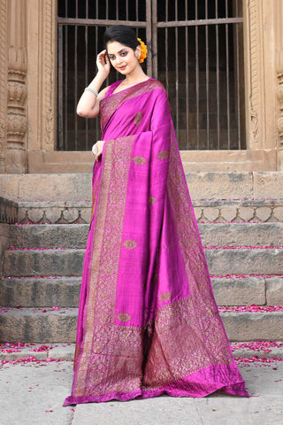 Magenta Purple Pure Tussar Georgette Silk Kadhua Banarasi Handloom Saree