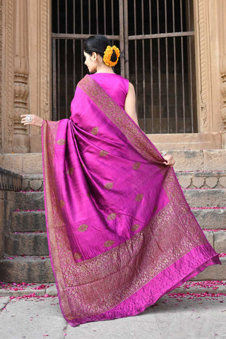 Magenta Purple Pure Tussar Georgette Silk Kadhua Banarasi Handloom Saree