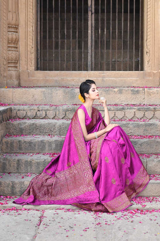 Magenta Purple Pure Tussar Georgette Silk Kadhua Banarasi Handloom Saree