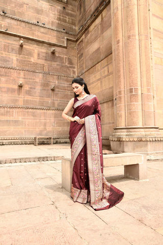 Cranberry Wine Pure Katan Silk Banarasi Handloom Silk Saree