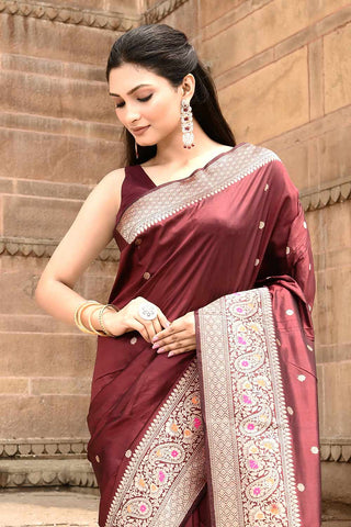 Cranberry Wine Pure Katan Silk Banarasi Handloom Silk Saree