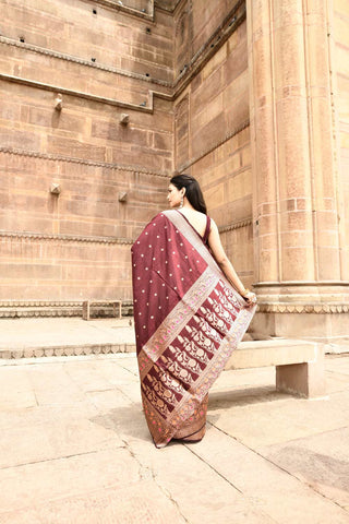 Cranberry Wine Pure Katan Silk Banarasi Handloom Silk Saree