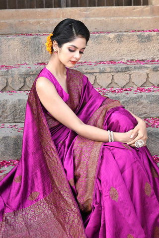 Magenta Purple Pure Tussar Georgette Silk Kadhua Banarasi Handloom Saree